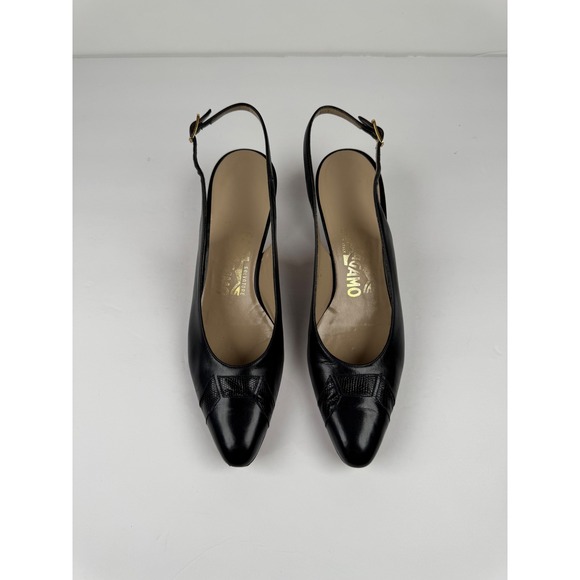 Salvatore Ferragamo Navy Blue Leather Slingback Kitten Heels Womens 7 AAAA Vtg - Picture 4 of 8